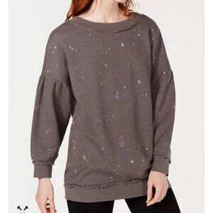 Free People Movement Size xs Make It Count Sweatshirt Grey Splatter Paint Frayed
